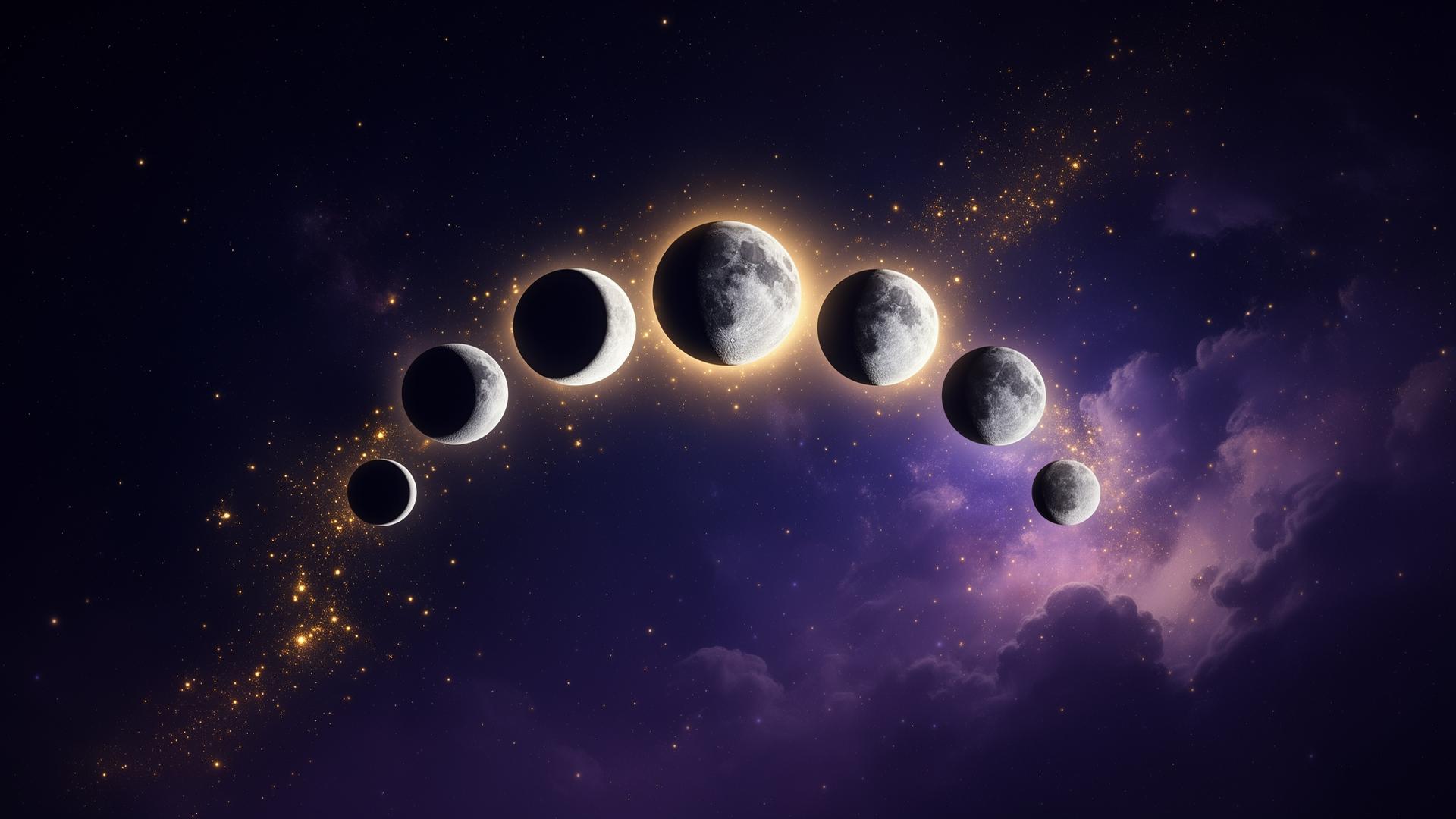 Moon phases arc across a cosmic sky